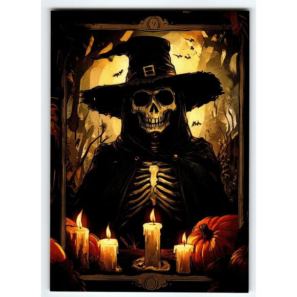 Vintage Halloween Skeleton Witch Postcard with Candles and Pumpkins - Picture 1 of 2